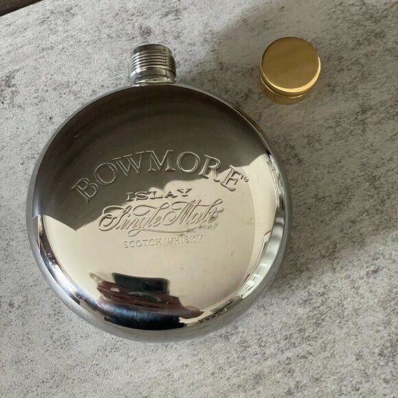 Vintage Bowmore Islay Single Malt Scotch Whisky Stainless Hip Flask Lidded 3 oz - Picture 1 of 5